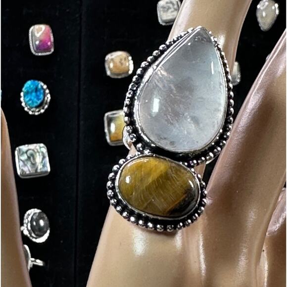 Hand Crafted Jewelry - 💕 Rainbow, moonstone and tiger eye, 2 stone ring silver plated handmade size 7